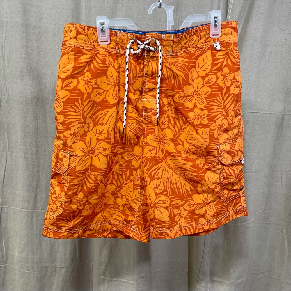 Lands’ End Orange Hibiscus Floral Print Swim Trunks
